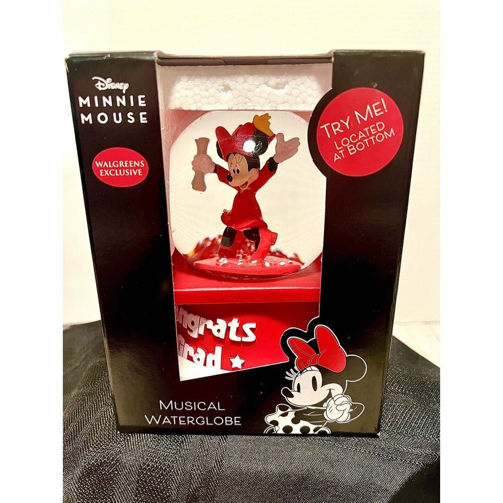 NEW In BOX Disney Minnie Mouse in Red Cap & Gown Graduation MUSICAL Water Globe